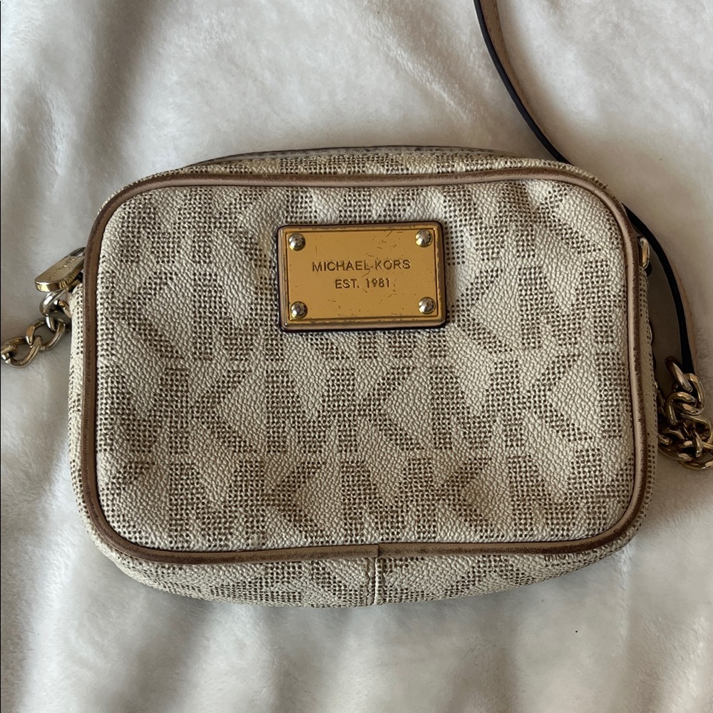 Michael Kors Beige Canvas Logo Crossbody with Gold Plaque